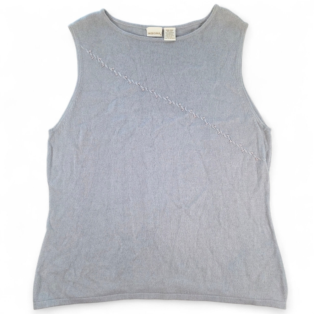 Merona Silk Cashmere Knit Tank Top 14W/16W Gray Beaded Detail Sleeveless Blouse